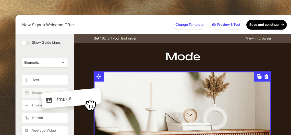 Campaign editor showing an email template with drag and drop selectors.