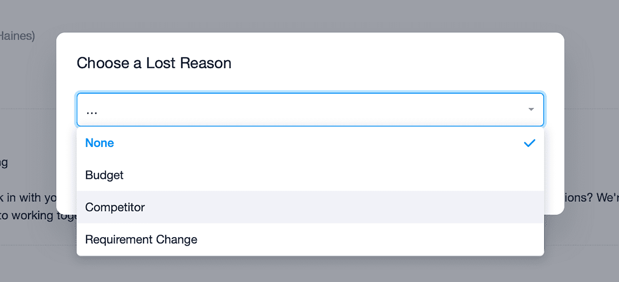 Lost reason modal with drop down options