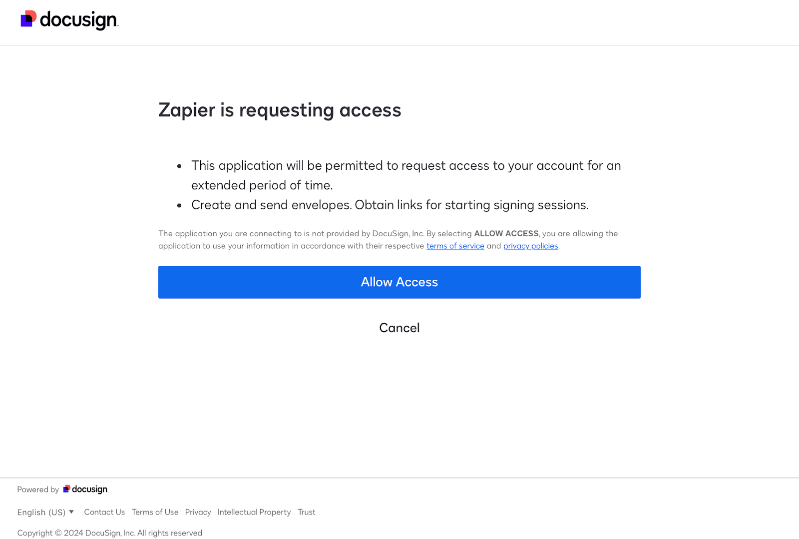 showing permission page to connect DocuSign to Zapier