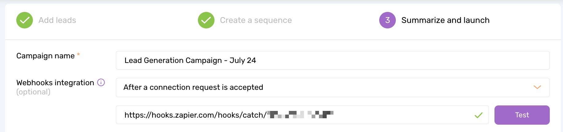 showing the webhooks by zapier trigger and event selected