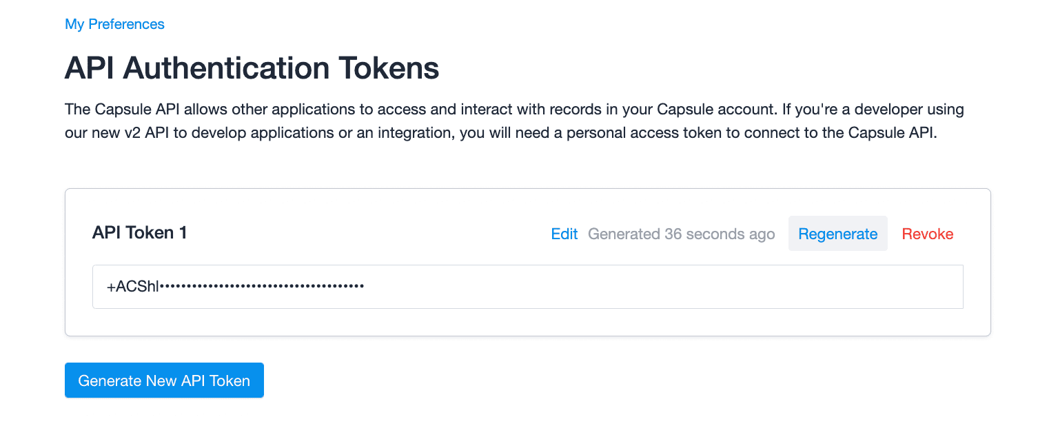 API token area in Preferences showing one truncated tokens highlighting the regenerate option