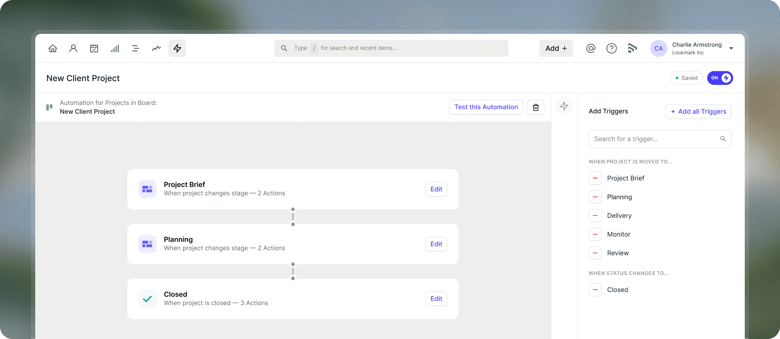 Automation builder with trigger and action workflow steps.