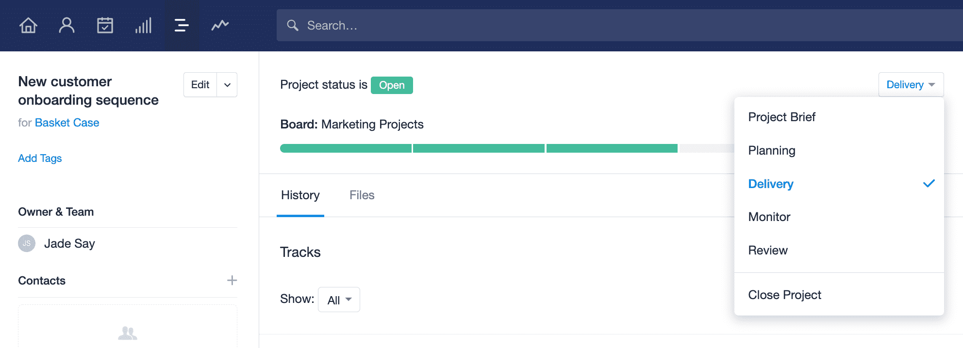 progress bar at the top of the project record displays where the project is up to in the process. A drop down menu is displayed to show the Stages the project can be moved to