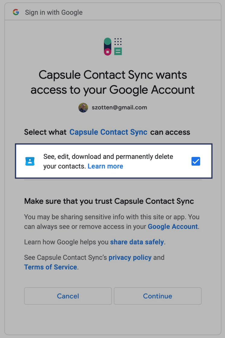 Google Permission modal asking for permissions before granting access to Google Contacts