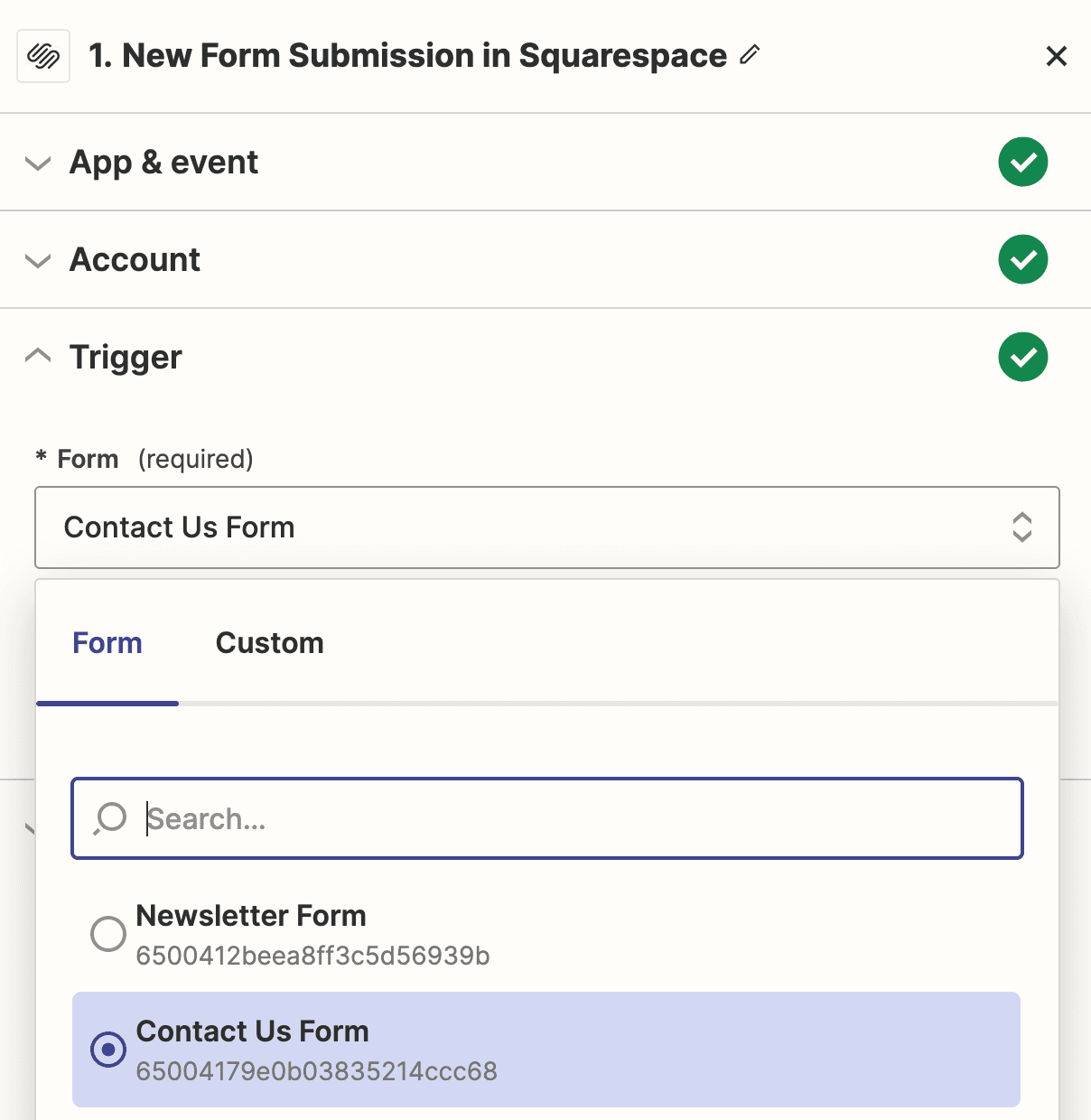 Select the correct Squarespace form in your Zap trigger