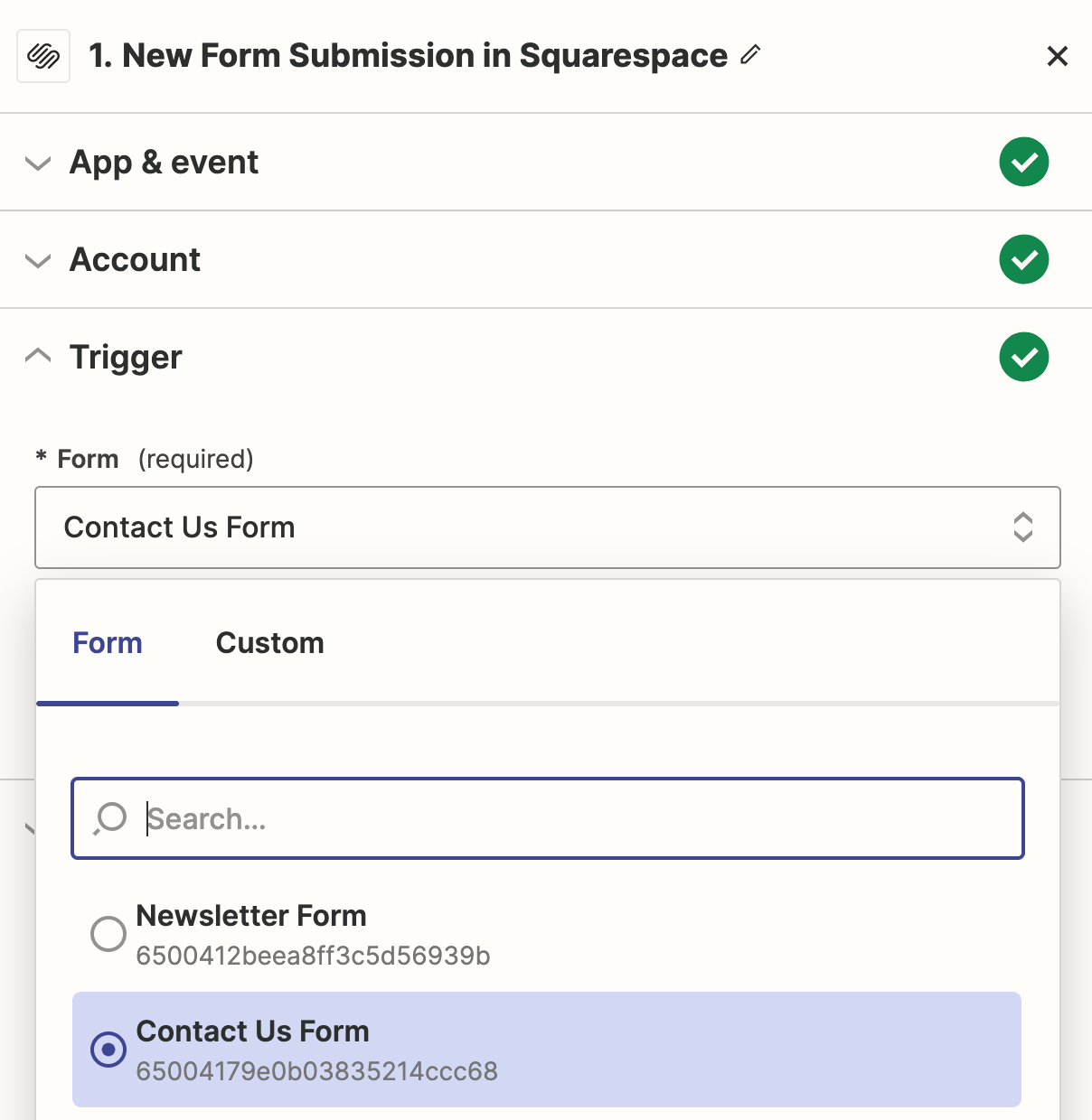 Sélectionnez le bon formulaire Squarespace dans votre déclencheur Zap