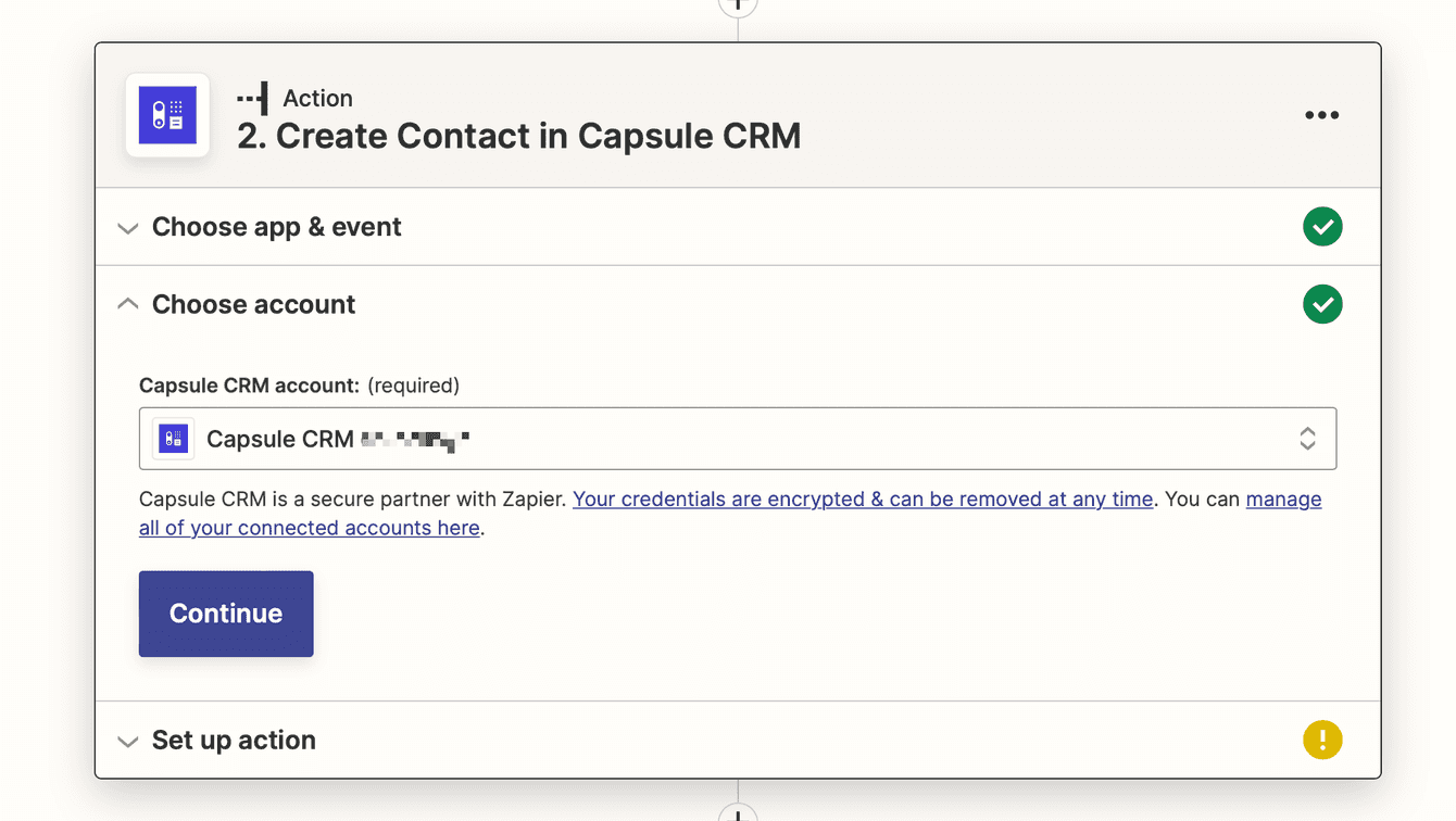 How to select your Capsule account when setting up the Facebook to Capsule
Zap