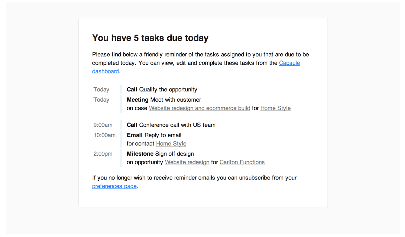 a screenshot of Capsule's tasks feature showing different calls and meetings
for the users to make and attend.