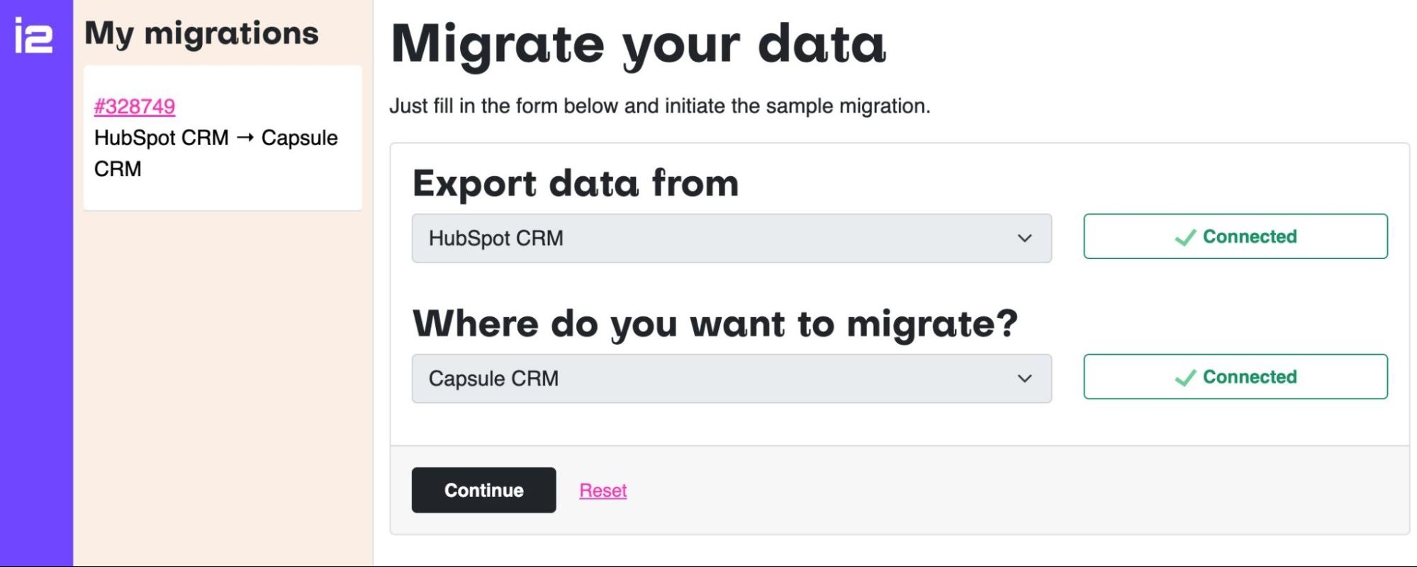 showing import 2 landing page with hubspot and capsule selected