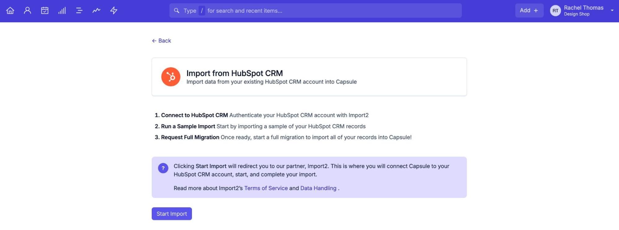 mostrando o hubspot selecionado no capsule como crm de origem