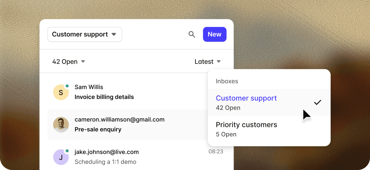 Support enquiries inbox with customer conversation history.