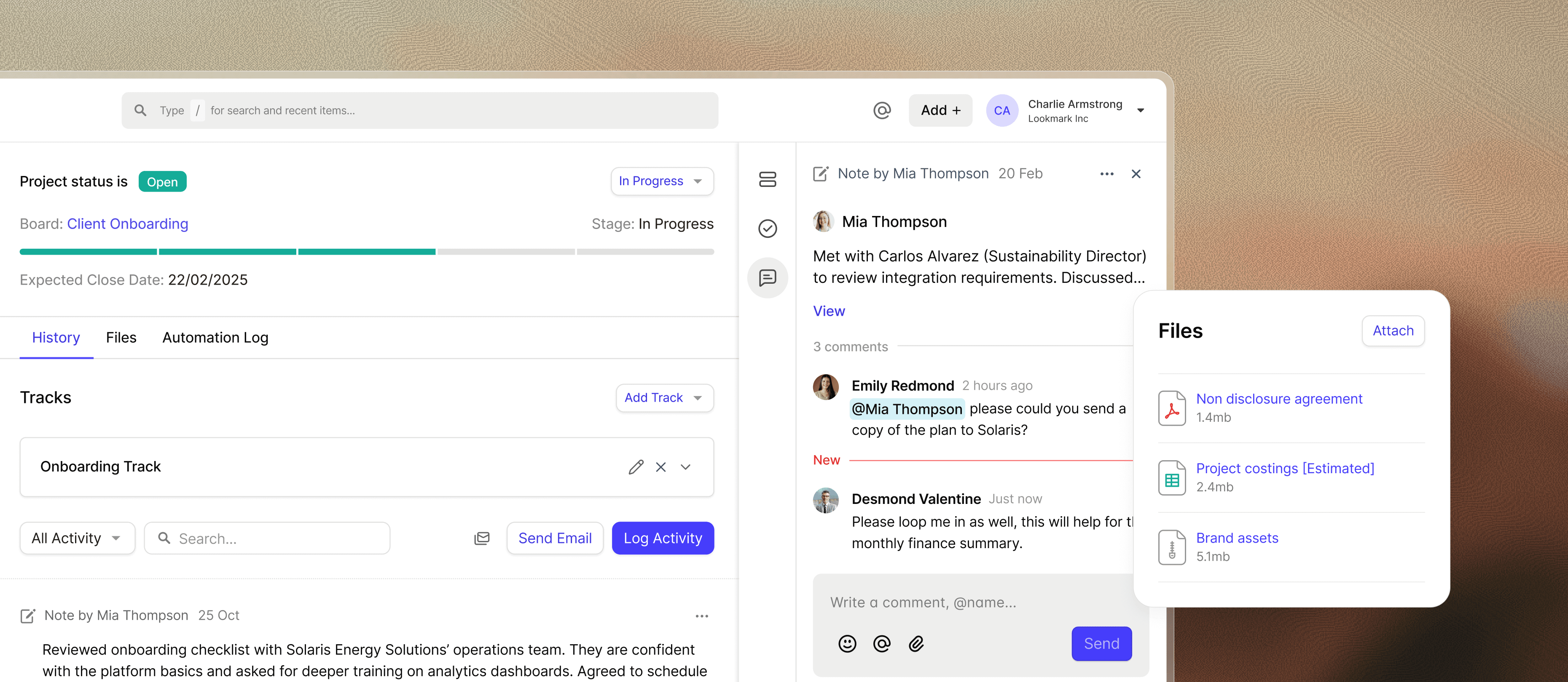 A visualização do projeto do Capsule CRM mostra detalhes do projeto, informações de status, arquivos, notas e histórico de atividades para gerenciar o trabalho do cliente freelancer em um local organizado.