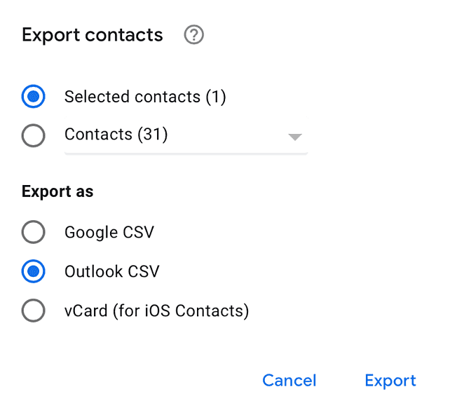 Export options modal with 'selected contacts' and 'Outlook CSV' radio buttons selected