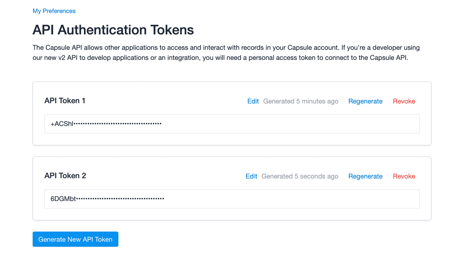 API token area in Preferences showing two truncated tokens