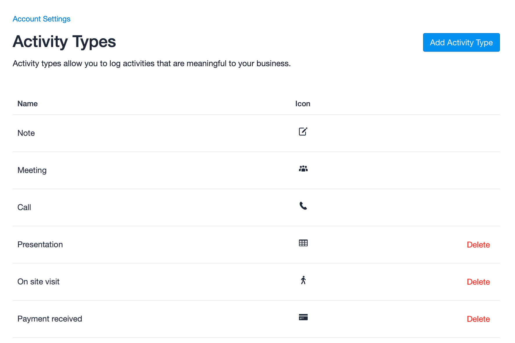 Liste d'exemples de types d'activités personnalisées dans les paramètres du compte Capsule