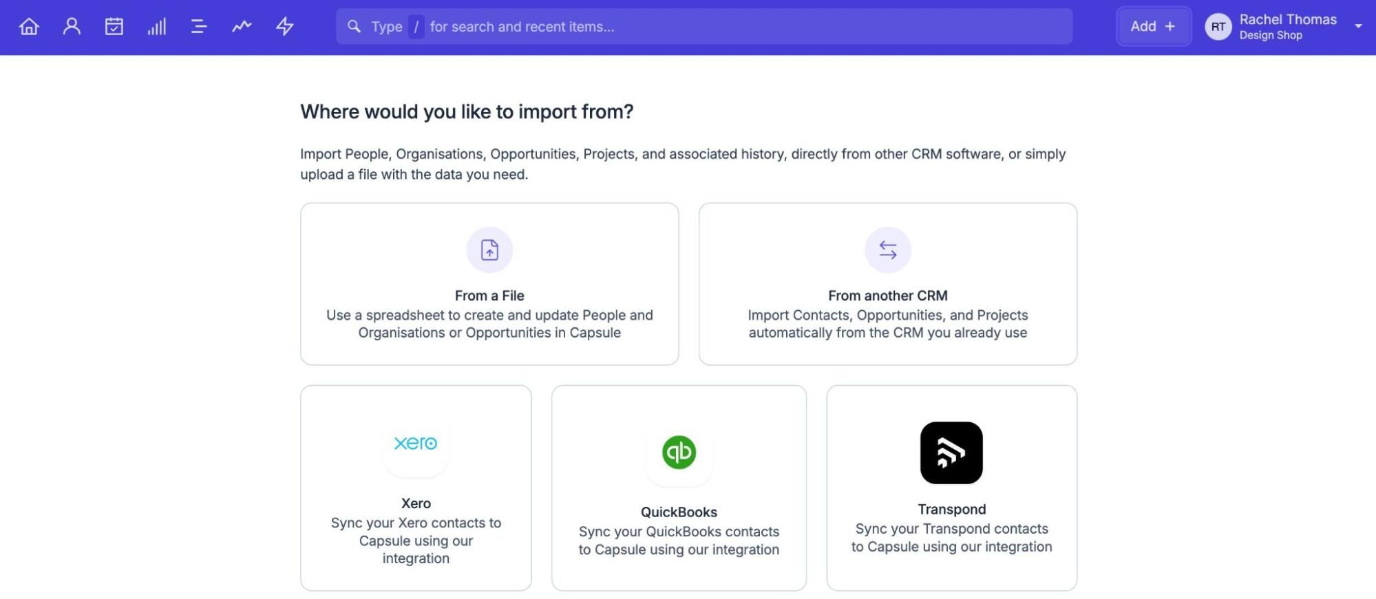 mostrando el centro principal de importación y las diferentes opciones para añadir datos