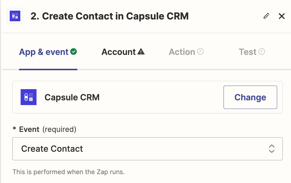 showing the create contact event in zapier