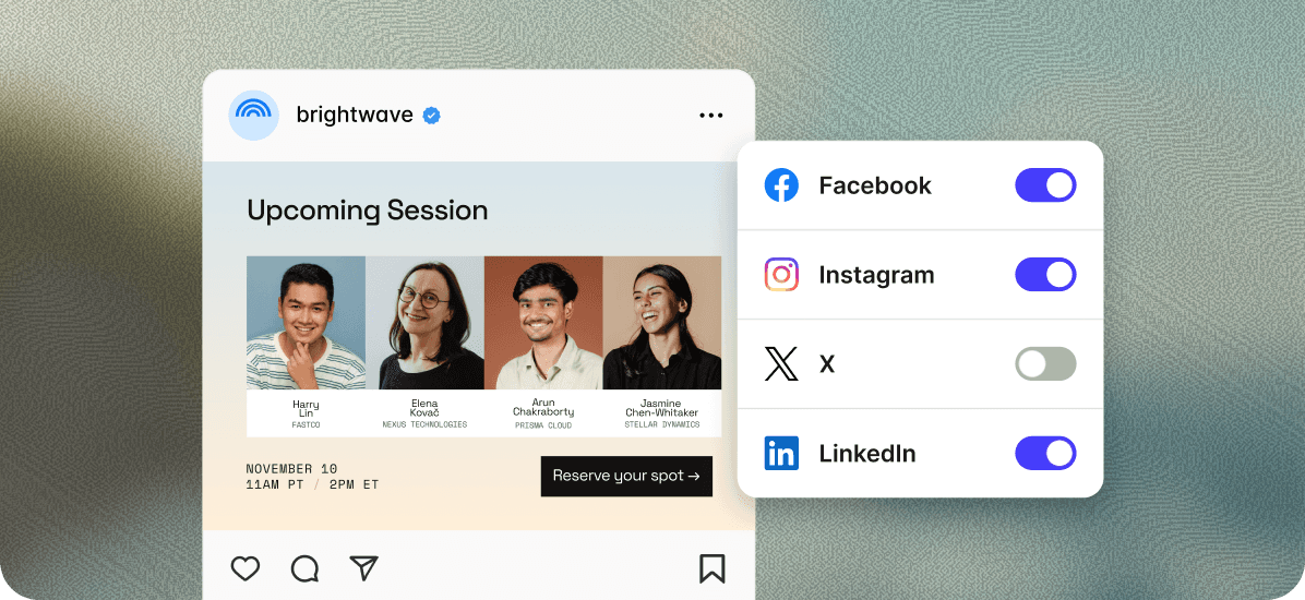 Social media campaign setup screen in Transpond with toggles for scheduling on Facebook, LinkedIn, Instagram and X.