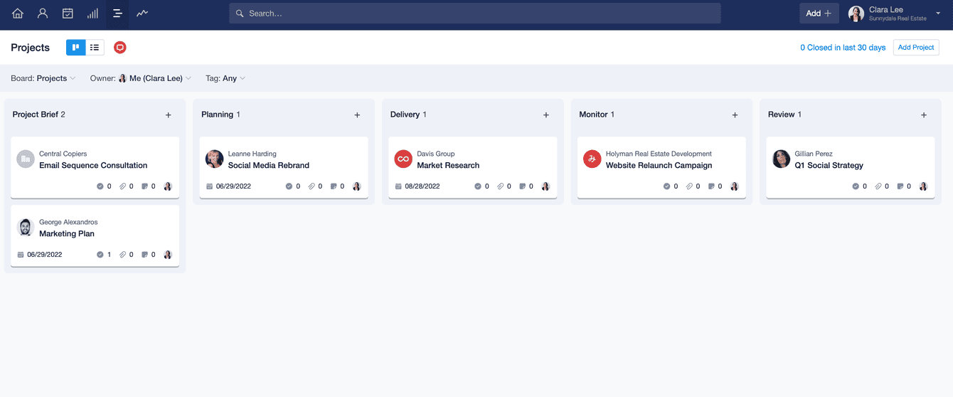How Projects look on a Project Board in Capsule