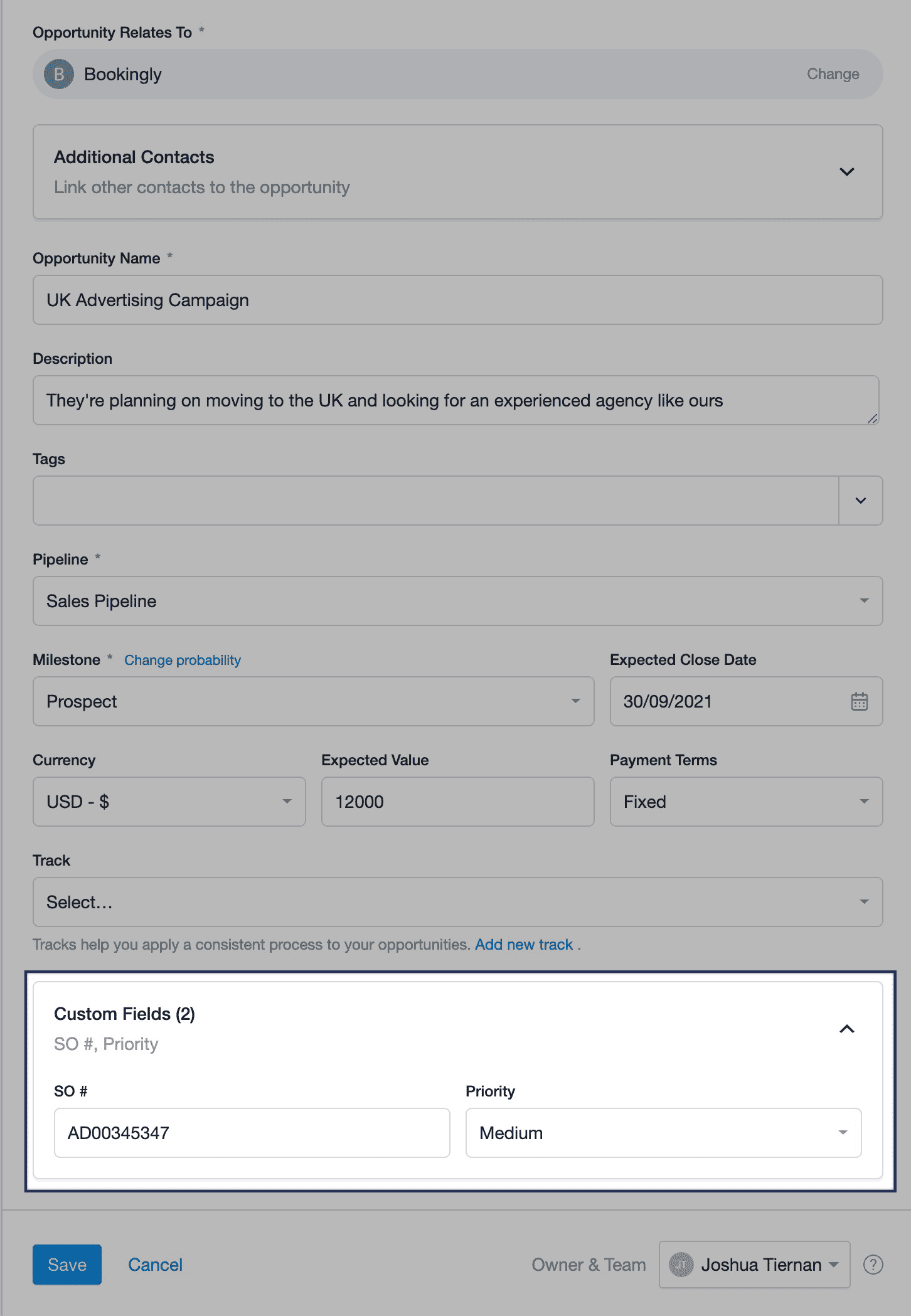 Opportunity form with option for additional fields