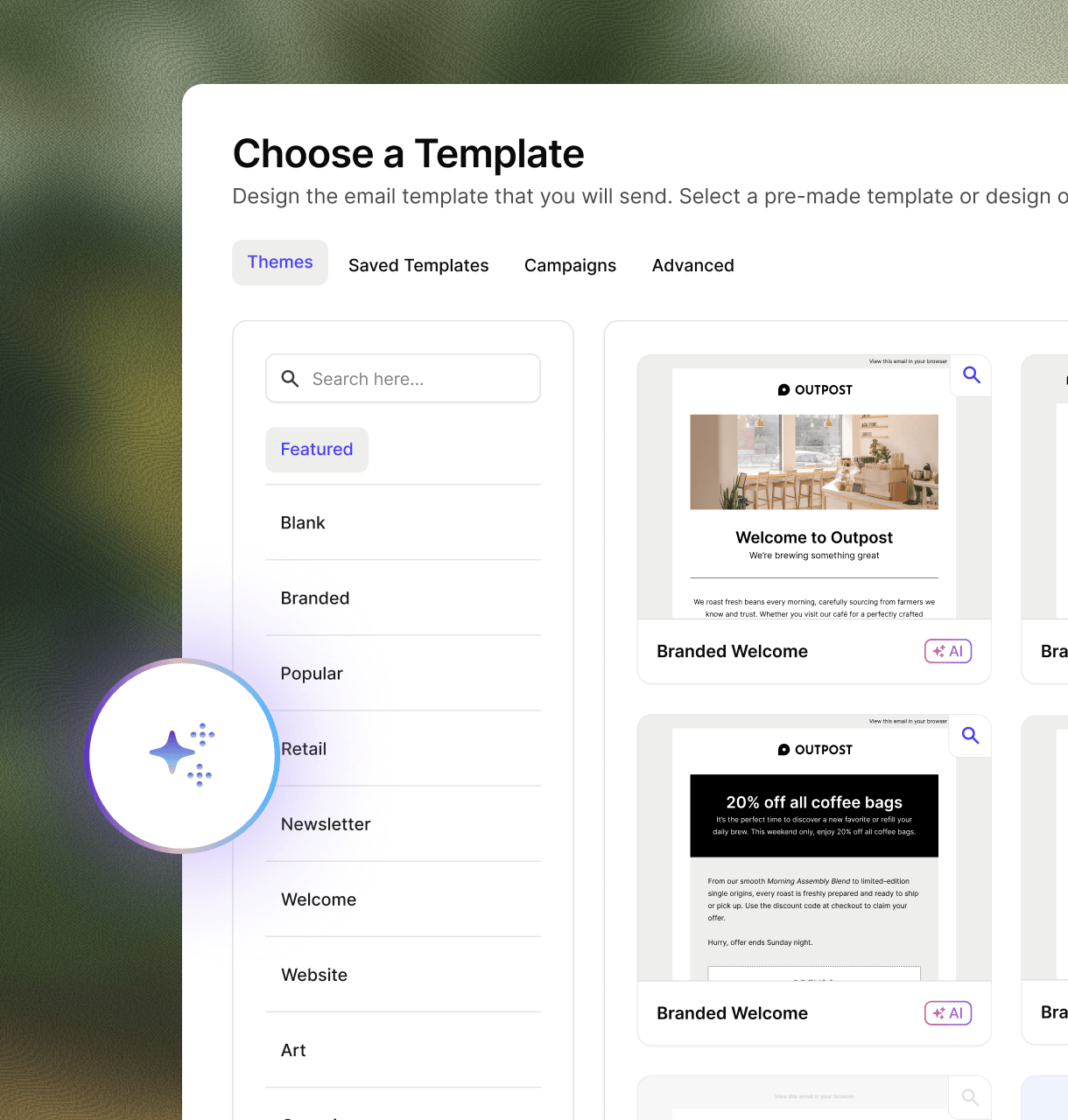 Transpond AI Brand Analyzer: website URL input field and Brand Analyzer scanning your site, identifying colors, logo, fonts, and putting them into your email comms.