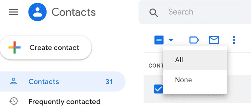 Uma lista de contatos no Google com a caixa de seleção "selecionar todos" marcada