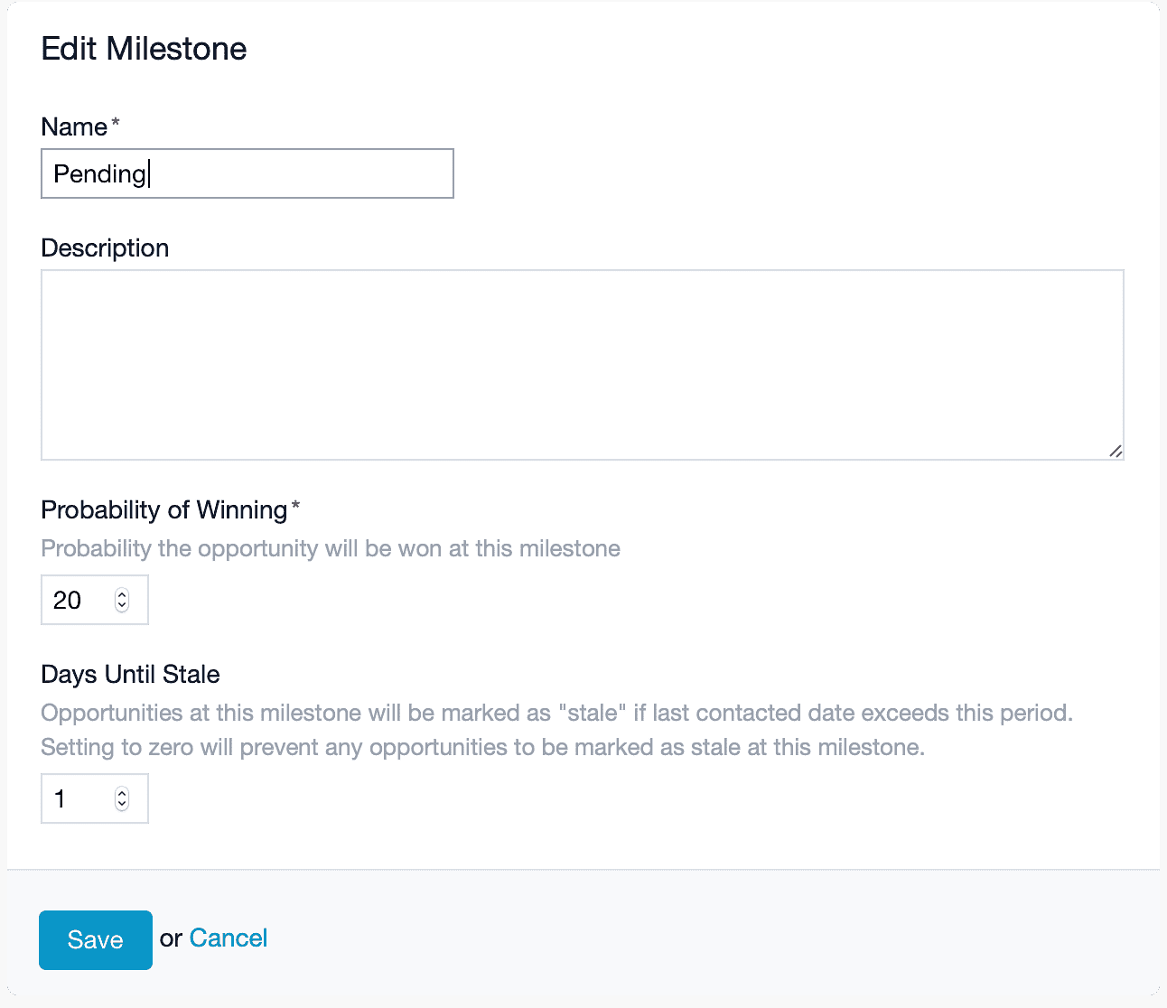Edit an opportunity modal with 'days until stale' option