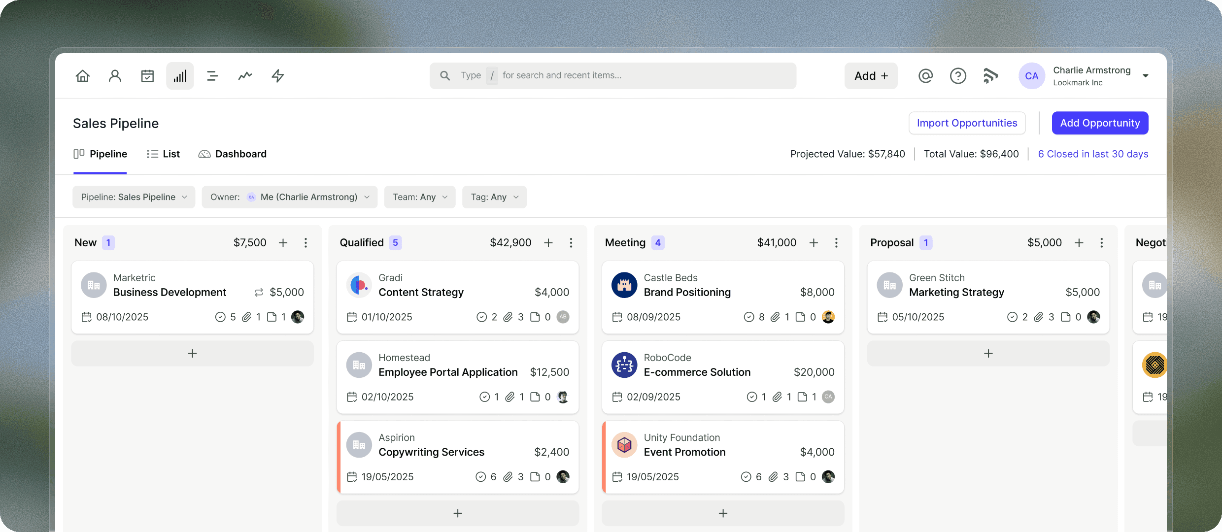 Capsule sales pipeline kanban board with opportunities organized by stage - new, qualified, proposal, negotiation, won, lost.