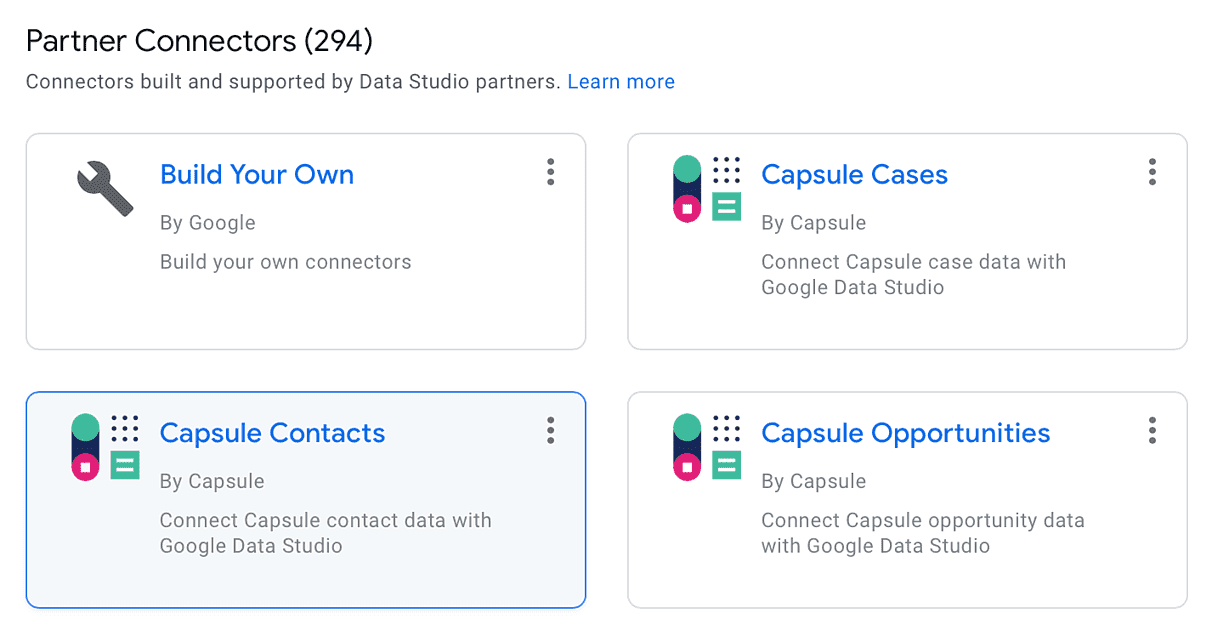 Connector options include: build your own, Capsule Projects, Capsule Contacts, Capsule Opportunities