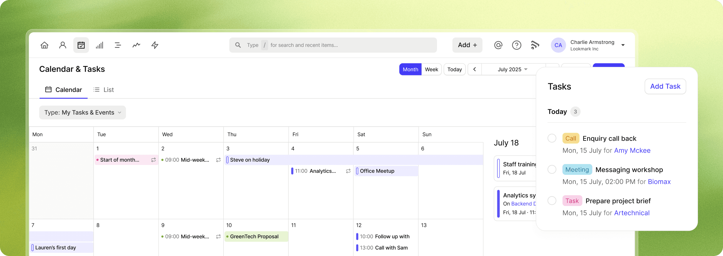 Calendar & tasks view in Capsule