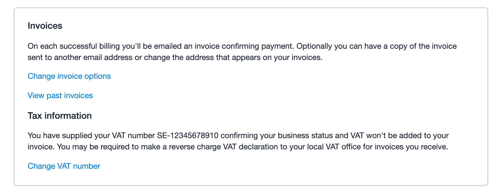 A seção de informações fiscais na página da conta e do plano exibe um link para a opção de alterar o número de IVA