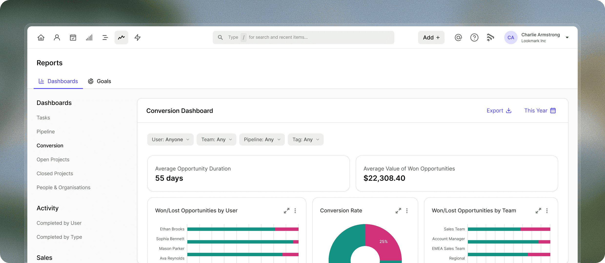 Reporting dashboard with charts and opportunity performance trends.