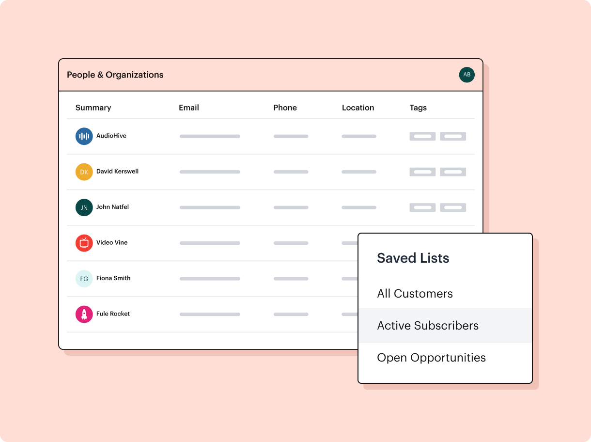 Saved lists in our marketing tool, Transpond for managing customer data