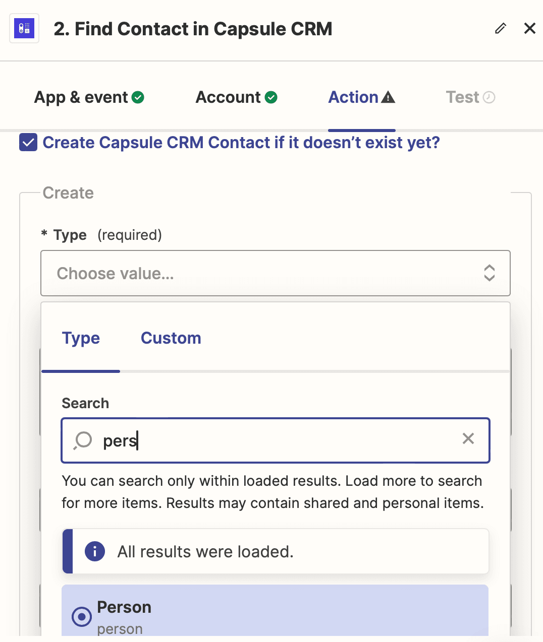 showing create contact checkbox