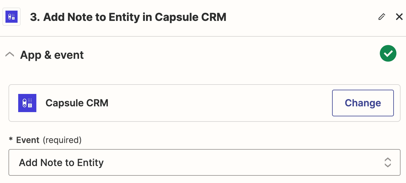 Screenshot showing Capsule Add Note Action step