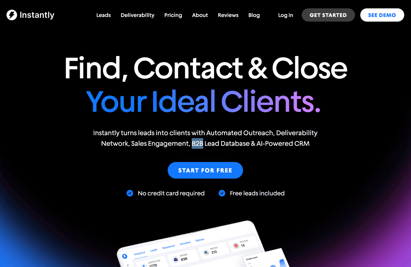 A screenshot of Instantly's website