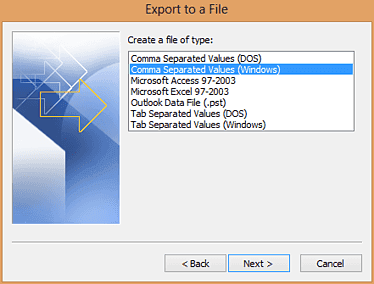 La pestaña “Exportar a un archivo” con la opción “Valores separados por comas” seleccionada