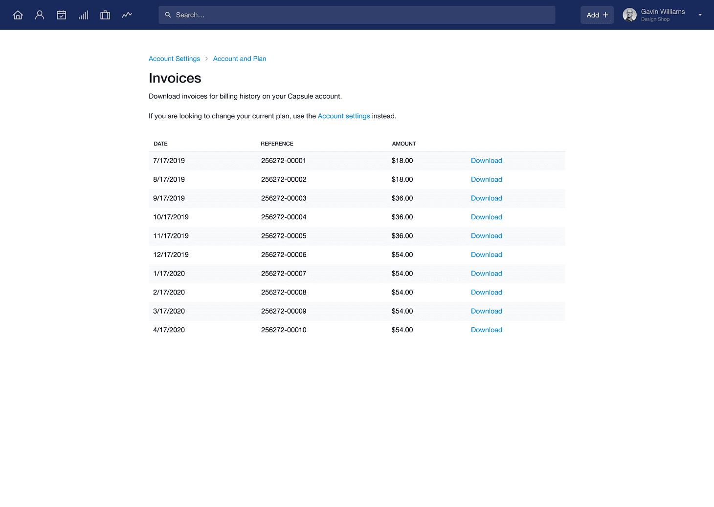 A list of historical invoices with the option to download a copy