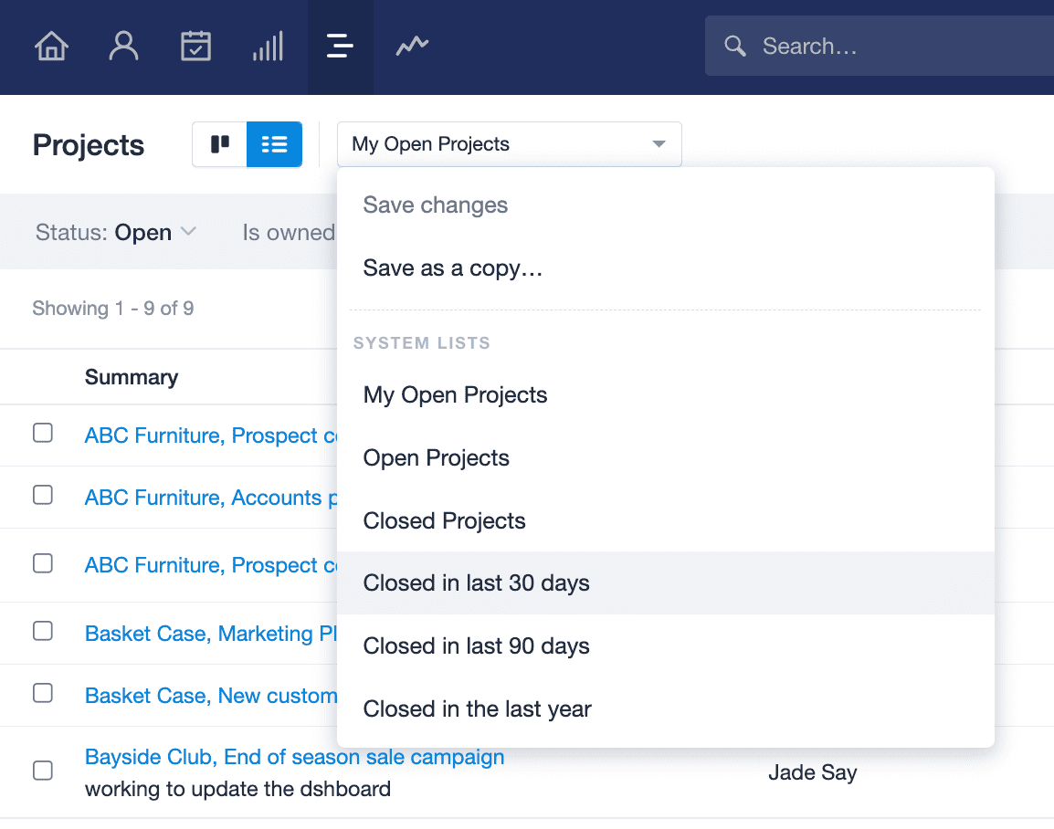 Project list view with the drop down menu displayed, with options for closed Projects in the last 30 days / 90days / year