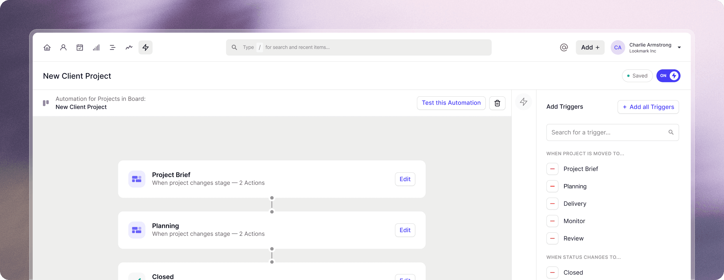 Fluxo de trabalho de automação de novos clientes do Capsule CRM mostrando a criação automatizada de tarefas e a configuração de acompanhamento