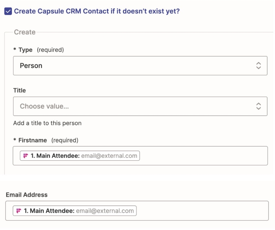 showing create contact option checked with populated fields