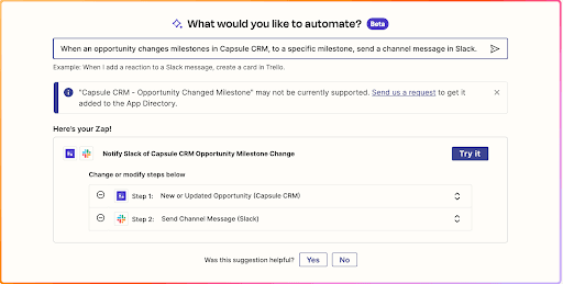 Screenshot showing the first step of a Capsule to Slack zap