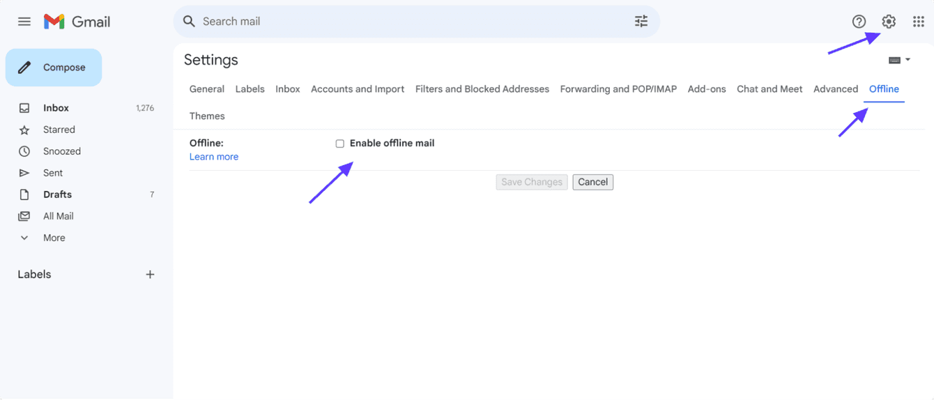 Arrow pointing at the enable offline mail setting in Gmail