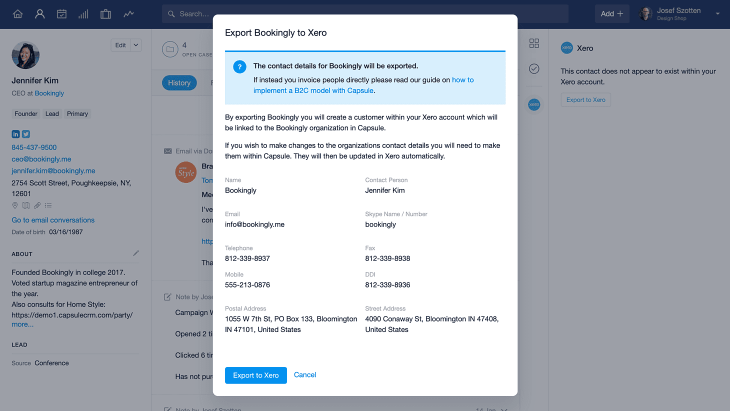 Export modal to add contact to Xero