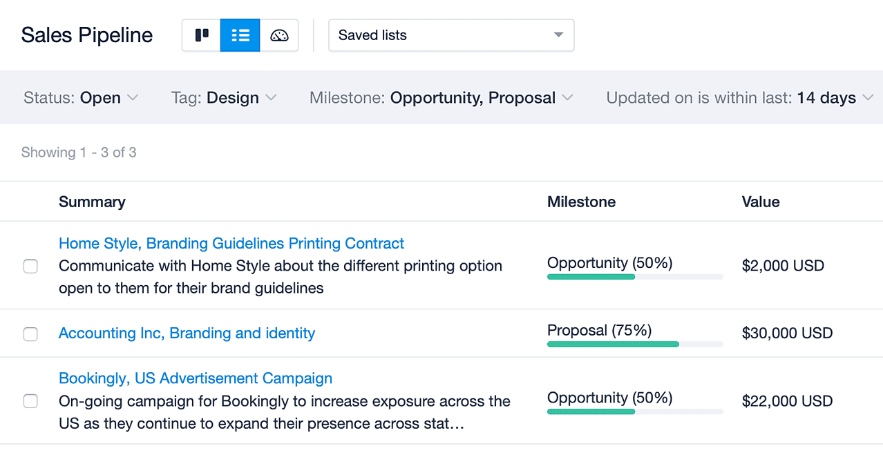 List of opportunities with filters