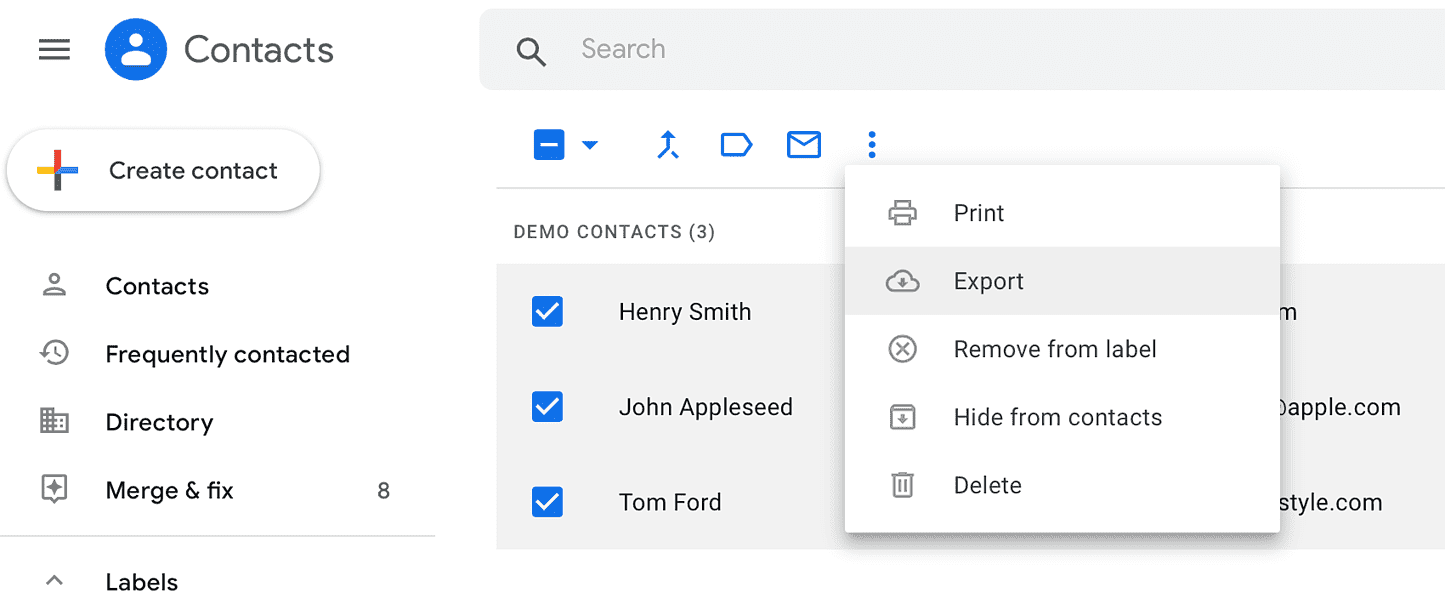 Three dots dropdown with 'export' highlighted
