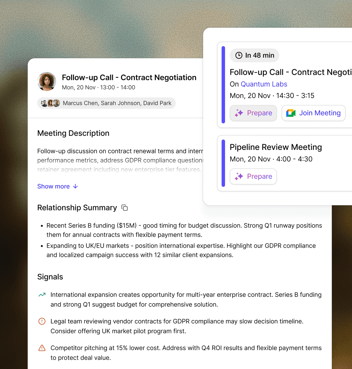 Capsule CRM AI Meeting Prep: prompt field to generate a focused brief for a meeting.