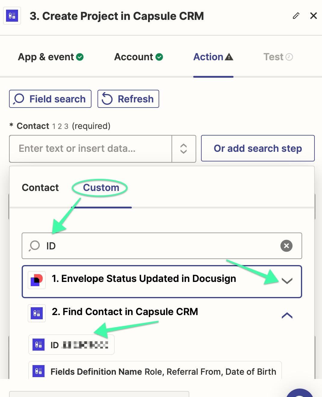 showing custom and id selection