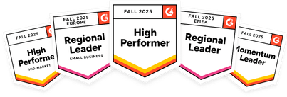 Prix G2 - Leader (petites entreprises), printemps 2024. High Performer (Amériques), printemps 2024. High Performer (printemps), 2024. Small Business High Performer (Europe), printemps 2024. Momentum Leader (printemps), 2024.