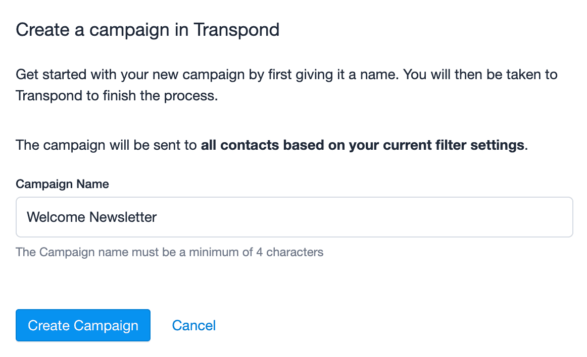 Modal para nomear uma campanha do Transpond depois que os contatos forem selecionados
